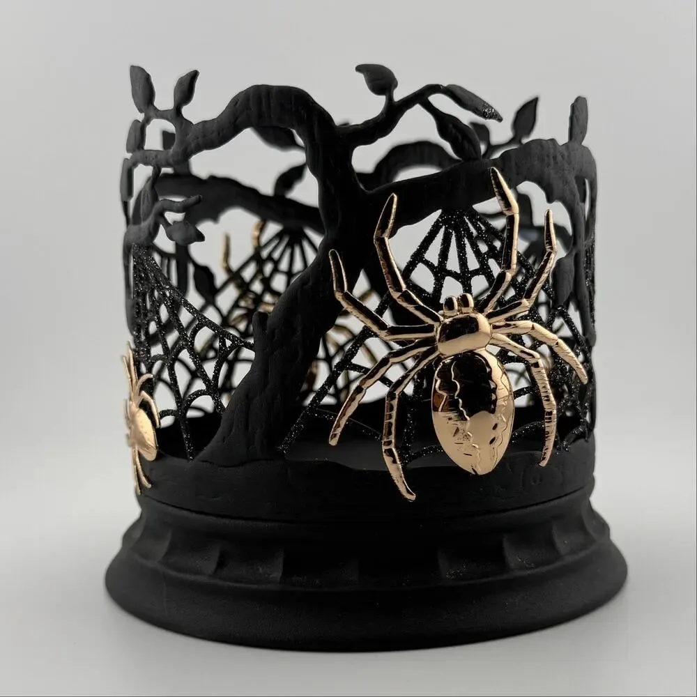 Bath & Body Works Candle Holder Halloween Spiderwebs Black w Gold Spiders 3 Wick - Picture 3 of 7